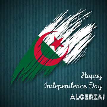 Algeria Independence Day Patriotic Design. Expressive Brush Stroke in National Flag Colors on dark striped background. Happy Independence Day Algeria Vector Greeting Card.