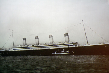 Titanic on an old photo, Belfast, Northern Ireland