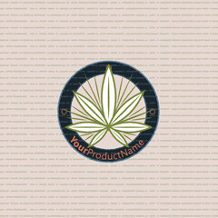 Circular badge marijuana leaf emblem on a corrugated broken line background. 
