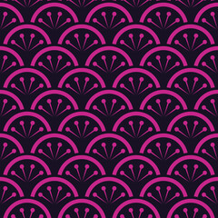 Seamless black and magenta pink japanese floral waves pattern vector