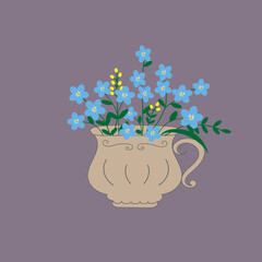 Hand drawn light blue forget-me-not flowers branches with green leaves in vintage tea cup, shabby chic style, mothers day, birthday