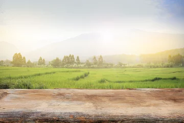 Deurstickers Empty wooden walk way on Gold rice field with cloudy and abstract light at sunset time landscape background © Rattanasak