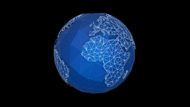 Seamless 4K animation of low poly rotating earth globe with alpha channel.