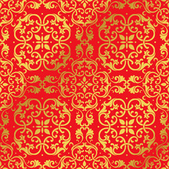 Seamless Golden Chinese Background spiral curve cross flower leaf vine