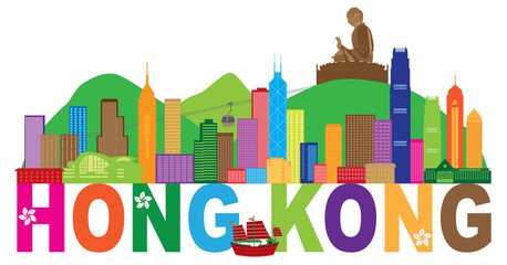 Obraz premium Hong Kong Skyline Budda Statua Tekst wektor ilustracja