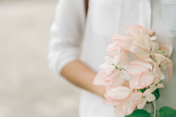 Woman hands holding a small bouquet of pink flowers,  with focus on a flower, closeup