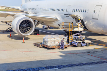 Loading platform of air freight to the aircraft - obrazy, fototapety, plakaty