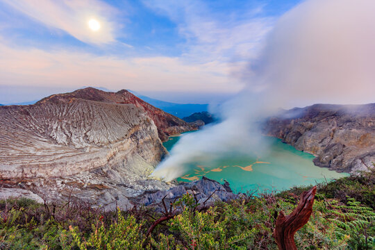 Panoramic view of Kawah Ijen Volcano at Sunrise. The Ijen volcano complex is a group of stratovolcanoes in the Banyuwangi Regency of East Java, Indonesia.