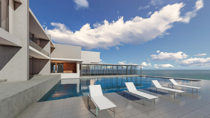 3D Rendering Sunbeds And Pool Villa  