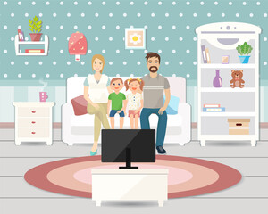 Family sitting on a couch watching TV. Vector illustration.