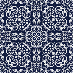 Seamless Blue Chinese Background spiral curve cross flower leaf vine