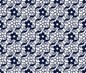 Seamless Blue Chinese Background spiral vortex cross vine leaf flower