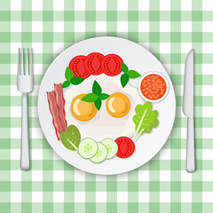 Vector illustration of omelet with bacon and vegetables.  Scrambled eggs breakfast.