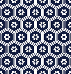 Seamless Blue Chinese Background oriental hexagon polygon frame round flower