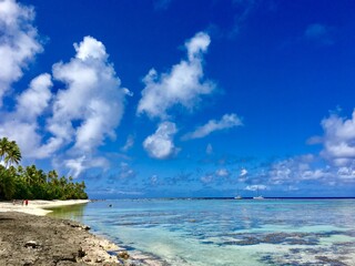 Beautiful turquoise lagoon and white sanded beaches of Marlon Brando's atoll Tetiaroa, Tahiti,...