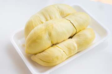 Peeled Durian fruit on white the King of Fruit in Thailand