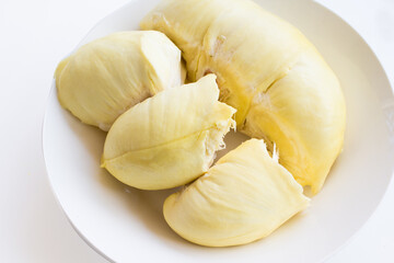 Peeled Durian fruit on white the King of Fruit in Thailand