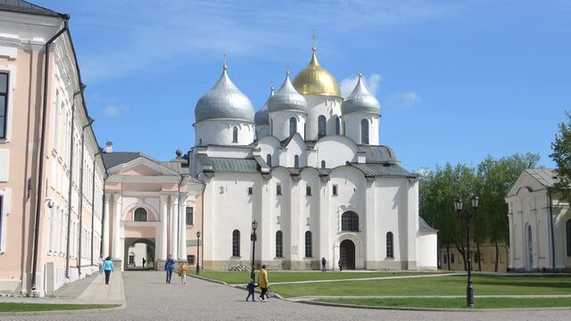  Walk from St. Sophia Cathedral. Sunny may day. Veliky Novgorod, Russia
