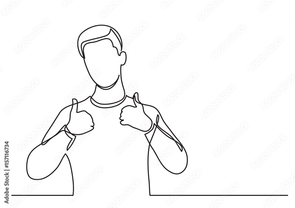 Sticker happy young man showing thumb up - continuous line drawing