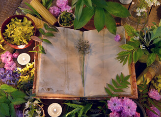 Still life with open book on table with healing herbs and candles