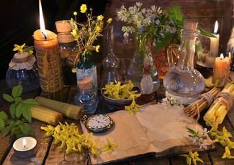 Alternative medicine still life with book, candles and healing herbs.