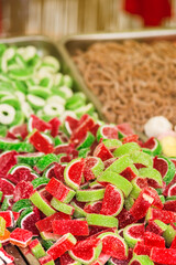 Sweets on street market, colorful candy in outdoor shop