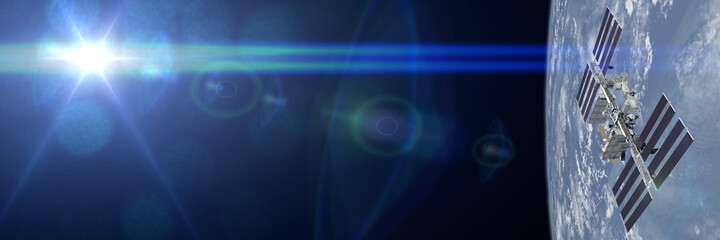 ISS lit by the Sun,  International Space Station orbiting Earth