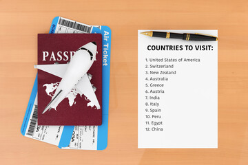 AIr Travel Concept. Airplane, Passport, Tickets, Pen and Paper with Countries to Visit List. 3d Rendering