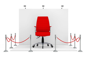 Barrier Rope Around Trade Show Booth with Red Leather Boss Office Chair. 3d Rendering
