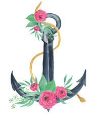 Watercolor painting anchor with flowers isolated on white © ramiia