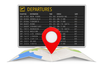 Air Travel Concept. Folded Abstract Navigation Map with Target Pin near Airport Departures Table. 3d Rendering