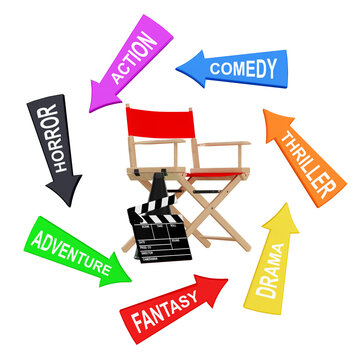 Arrows with Cinema Styles around Director Chair, Movie Clapper and Megaphone. 3d Rendering