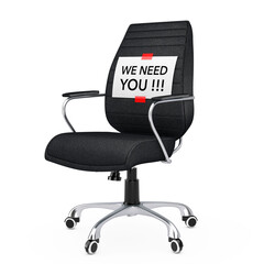 Paper Sheet with We Need You Message over Black Leather Boss Office Chair. 3d Rendering