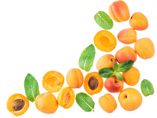 Apricot and mint, isolated, top view, copy space