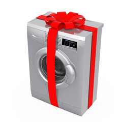 Modern Silver Washing Machine with Red Ribbon and Bow as Gift. 3d Rendering