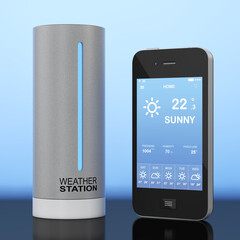 Modern Digital Wireless Home Weather Station with Mobile Phone with Weather on Screen. 3d Rendering
