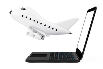 Modern Laptop Computer with Cartoon Toy Jet Airplane Flying out from Screen. 3d Rendering