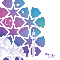 Obraz premium Ramadan Kareem Greeting card. Beautiful Mosque.Origami Arabesque Window. Arabic Ornamental pattern in paper cut style. Holy month of muslim. Crescent Moon. Purple.Vector