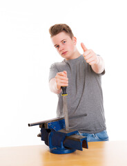 teenager in professional training with rasp and thumb up