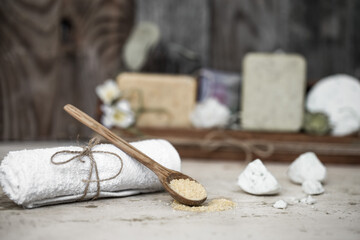 SPA composition on wooden background