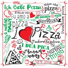 Vintage pizza sign, background, template or pizza box design. I love pizza in different languages