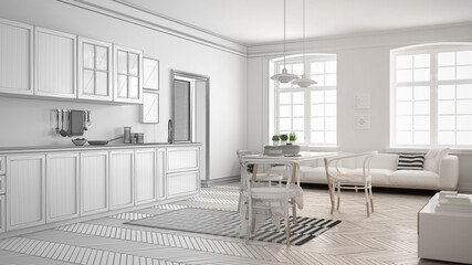 Unfinished project of minimalist white kitchen, sketch abstract interior design