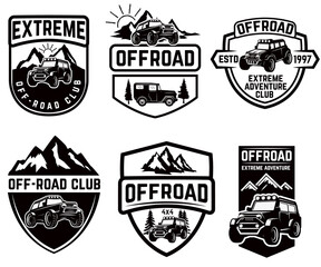 Set of four off-road suv car emblems. Extreme adventure club. Vector illustration © liubov