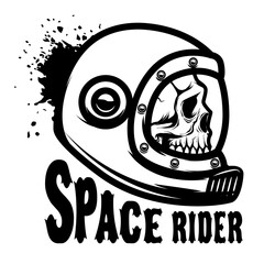 Space rider. Human skull in spaceman helmet. Design element for poster, t-shirt. Vector illustration