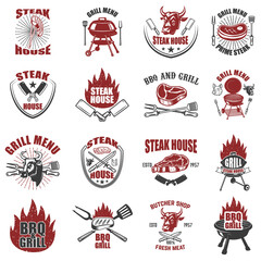 Set of steak house labels. BBQ, butcher tools, bull heads. Design elements for logo, badge, emblem, sign, restaurant menu, flyer. Vector illustration