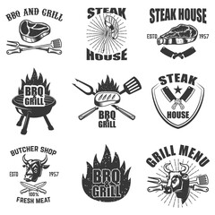 Set of steak house labels. BBQ, butcher tools, bull heads. Design elements for logo, badge, emblem, sign, restaurant menu, flyer. Vector illustration