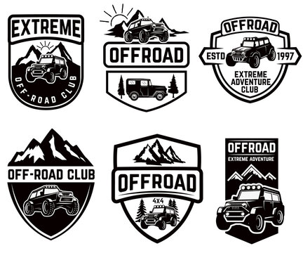 Set of four off-road suv car emblems. Extreme adventure club. Vector illustration