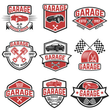 Set of vintage car service labels. Design elements for logo, label, emblem, sign, badge. Vector illustration