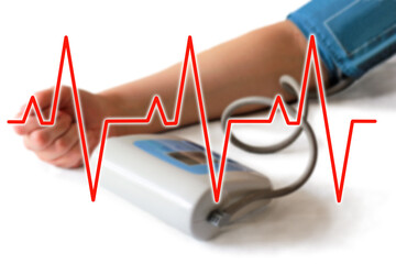 ECG cardiogram heartbeat and hand measuring blood pressure