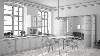 Unfinished project of minimalist white kitchen, sketch abstract interior design